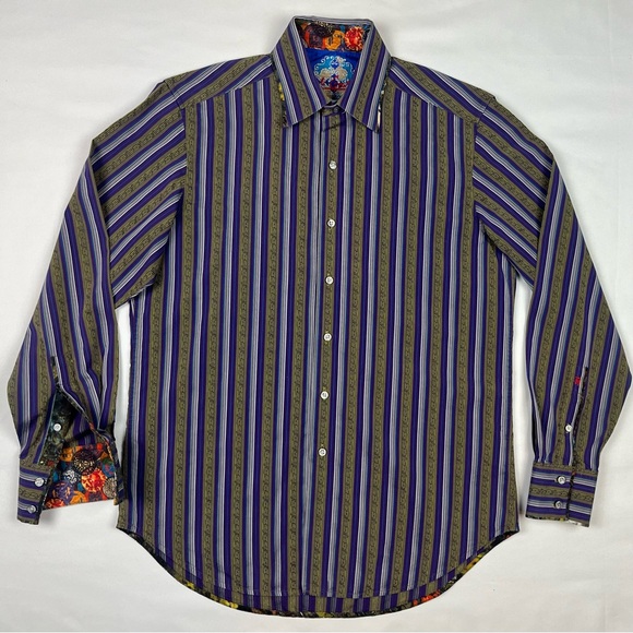 Robert Graham Mens Button Up Shirt Sz Small Flip Cuff Striped Purple C3 - Picture 2 of 9